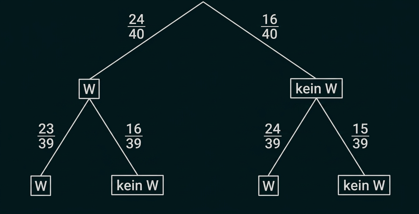 Baumdiagramm mit Wahrscheinlichkeiten für W und kein W.